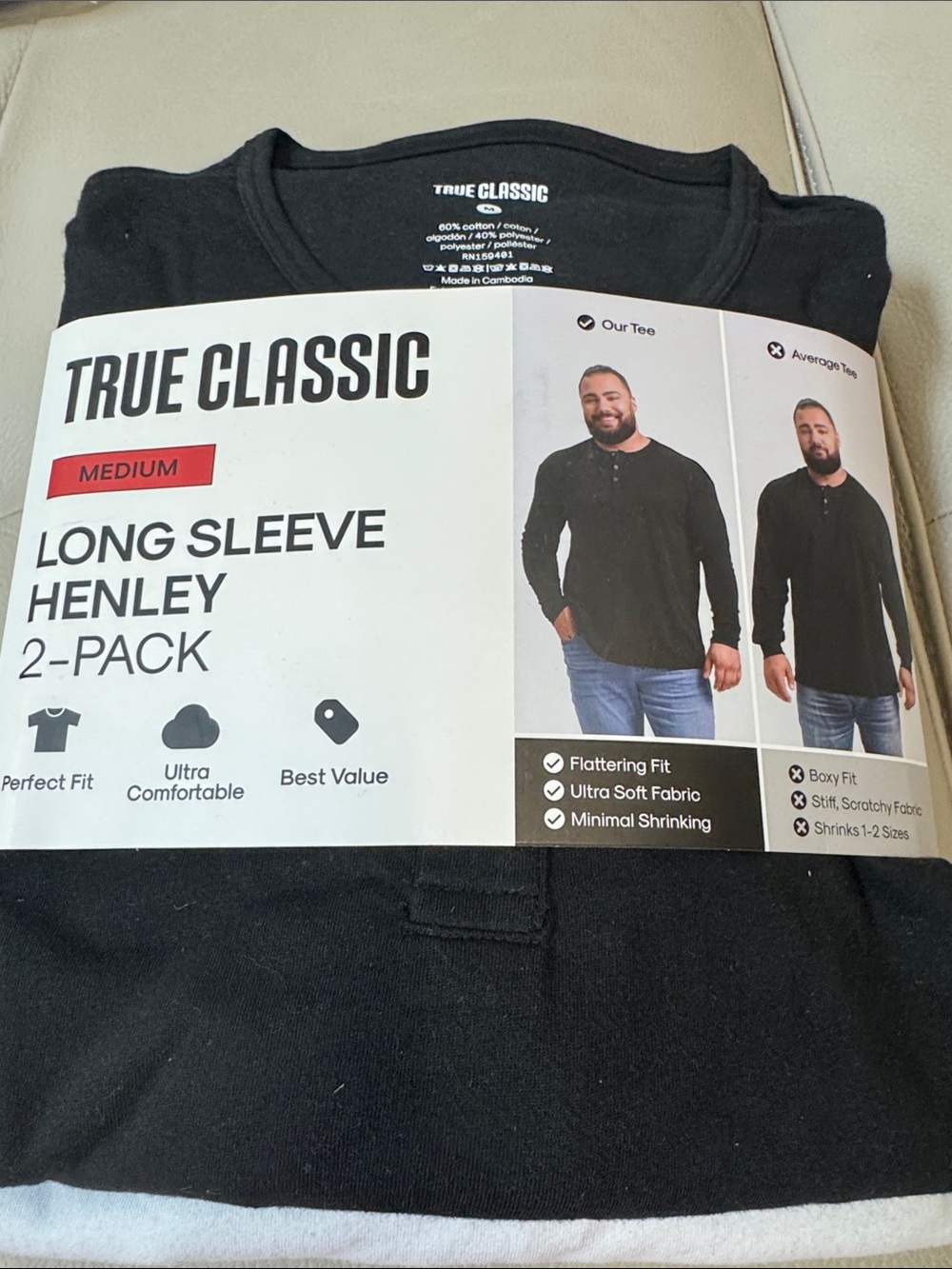 True Classic Men's Long Sleeve Henley 2pack Medium white black